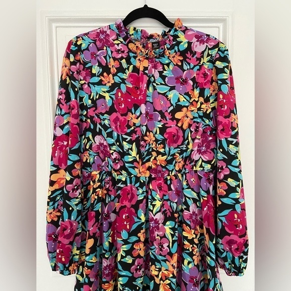 Shein Vibrant Floral Long Sleeve Ruffle Dress Black Pink Multicolored Curve 1X - Picture 4 of 9